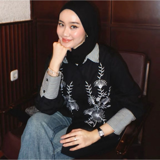 Azkia Top Atasan Wanita Bordir Elegan Kemeja Oversize Cewek Rayon Basic Premium