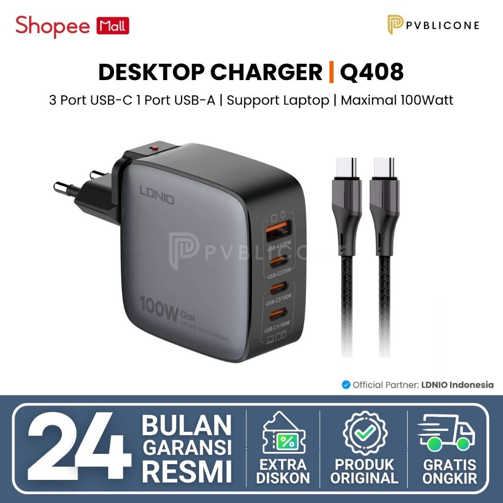 LDNIO Q408 100W 4 พอร์ต USB PD Charger USB-A 3 USB-C PD3.0 QC 3.0