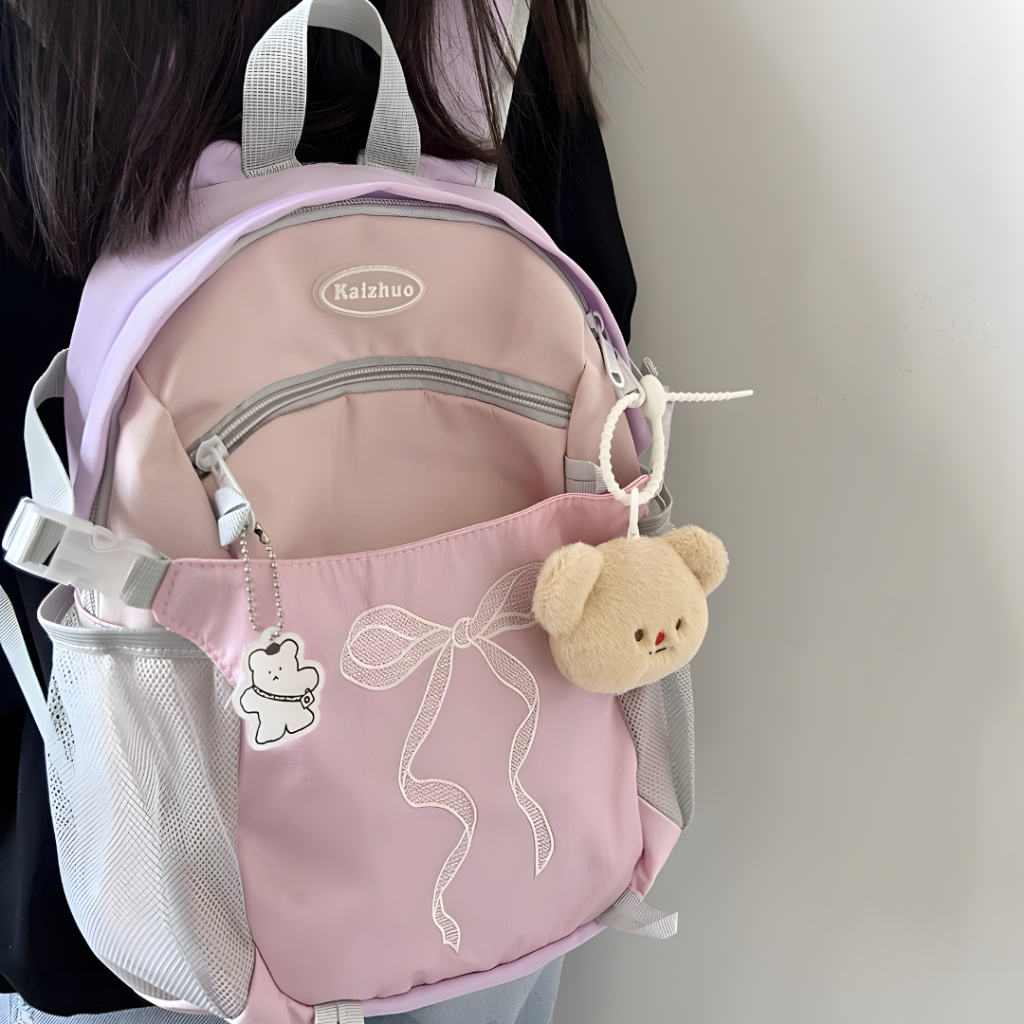 Jisoo Ribbon Bag กระเป๋าเป้สะพายหลังปักริบบิ้น ความงาม เกาหลี เหมาะกับ iPad & A4 Book