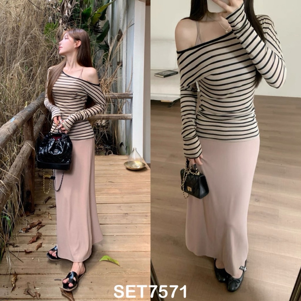 [FG] Solene Casual Set Stripe Blouse with Halter Slip Dress / Blouse Dress Set SET7571