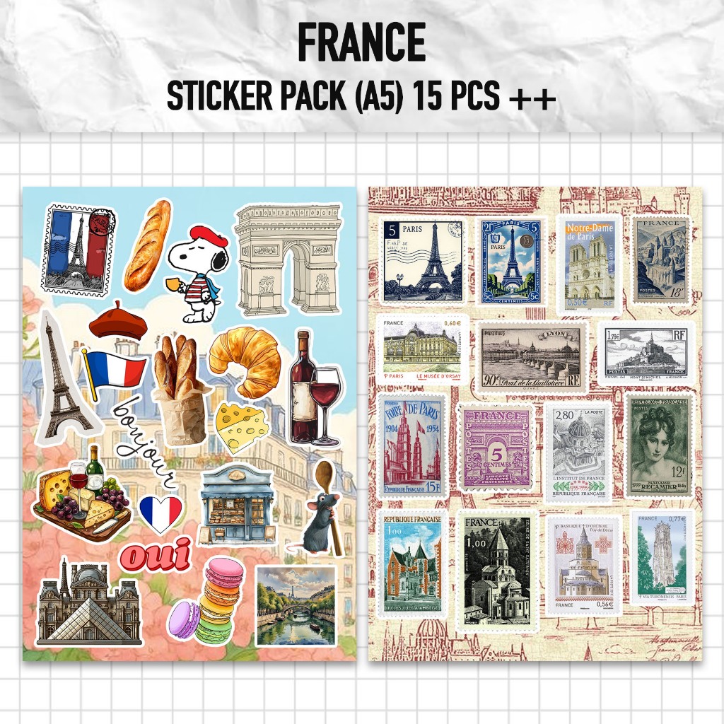 YoCat - France World Travel Sticker Pack 15++ pcs HP Laptop Helmet Tumblr ตู้เย็น A5 UK ฝรั่งเศส Mar