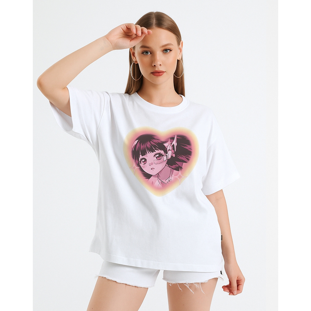 Blu3safe - Anime Girl Heart Frame - เสื้อยืด Y2K - ผ้าฝ้ายหวี 24s - Unisex