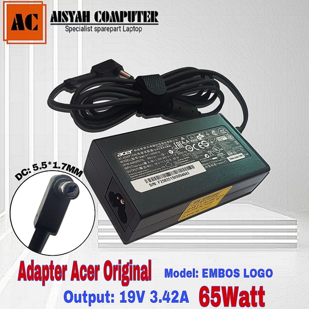 เครื่องชาร์จแล็ปท็อปของแท้ 19V 3.42A Acer 65W Aspire 5 A515-43-R6WW A11-065N1A PA-1650-86