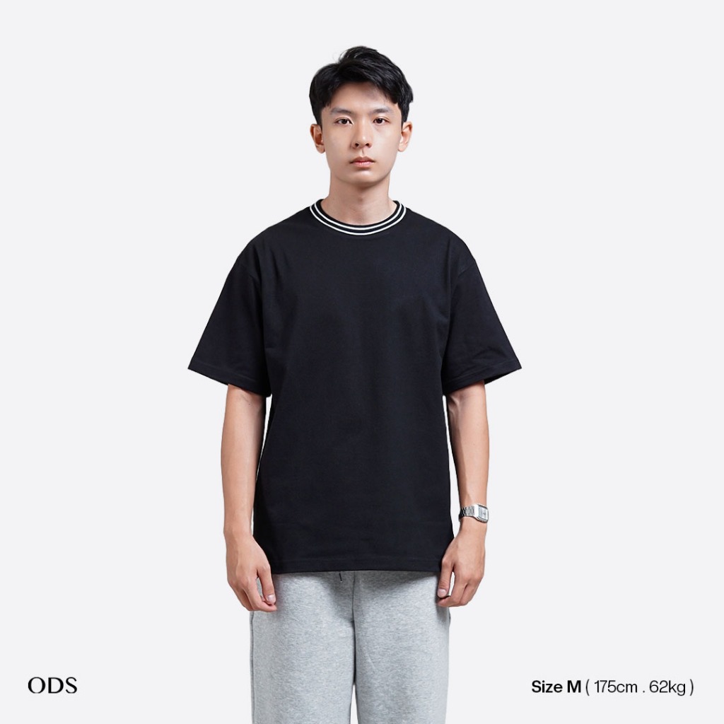 ODS เสื้อยืด Oversize Heavyweight Cotton 16s คอปกลายทาง - สีดํา