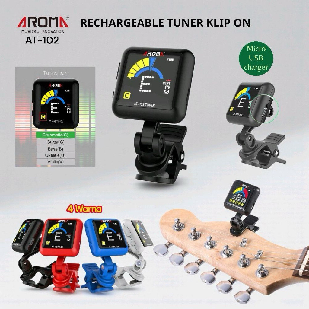 Aroma AT-102 Tuner กีตาร์แบบชาร์จไฟได้ดิจิตอลเบสไวโอลิน Ukulele แสตมป์