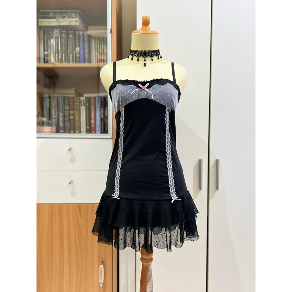 น่ารักCoquette Dollette Frilly Lace Girlyริบบิ้นมินิเดรส