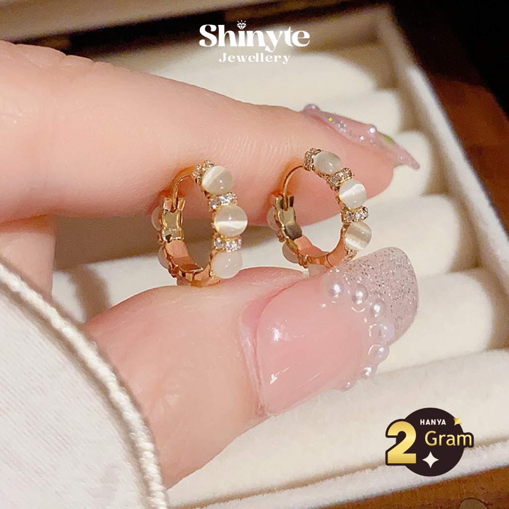 Shinyte Official Store Gypsy Rose Gold Cats Eye Tourmaline ต่างหูห่วงสไตล์เกาหลีสําหรับผู้หญิง Premi