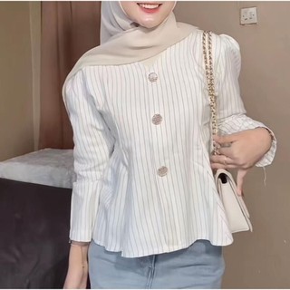 Arika Blouse Strip Atasan Wanita Peplum Blouse Lengan Puff Salur Semi Woll Lengan Panjang