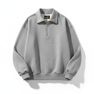 Rugby Half Zipper Crewneck Jaket Sweater Unisex Pria Wanita Warna Abu Muda