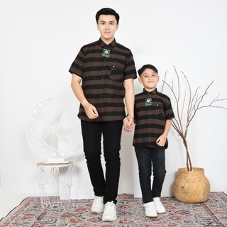 BOY MOM Kemeja Flanel Motif Salur Coklat Pendek Lengan Pendek Couple Ayah Dan Anak Bahan Woll Import Premium Quality
