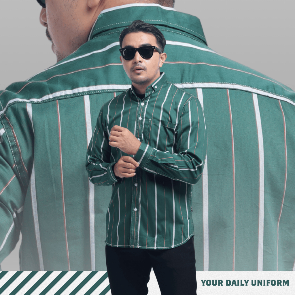HIJAU KEMEJA DGM Mens Premium Long Sleeve Striped Shirt Mens Striped Shirt Slimfit Mens Striped Shir