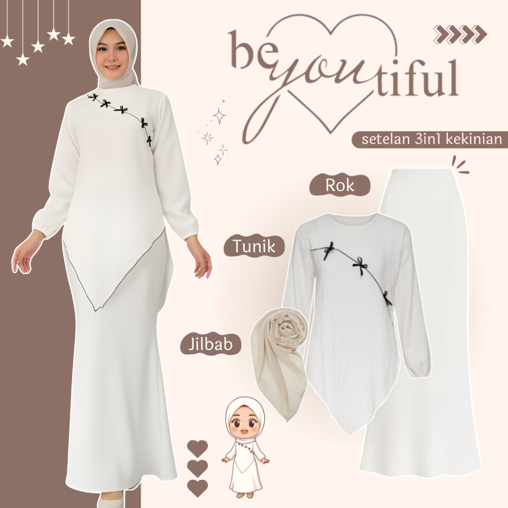 One Set 3in1 อินเทรนด์ | ชุดวัยรุ่น | ดูซีรีส์อี๊ด | เสื้อคลุม + กระโปรง + ฮิญาบ - CM211N