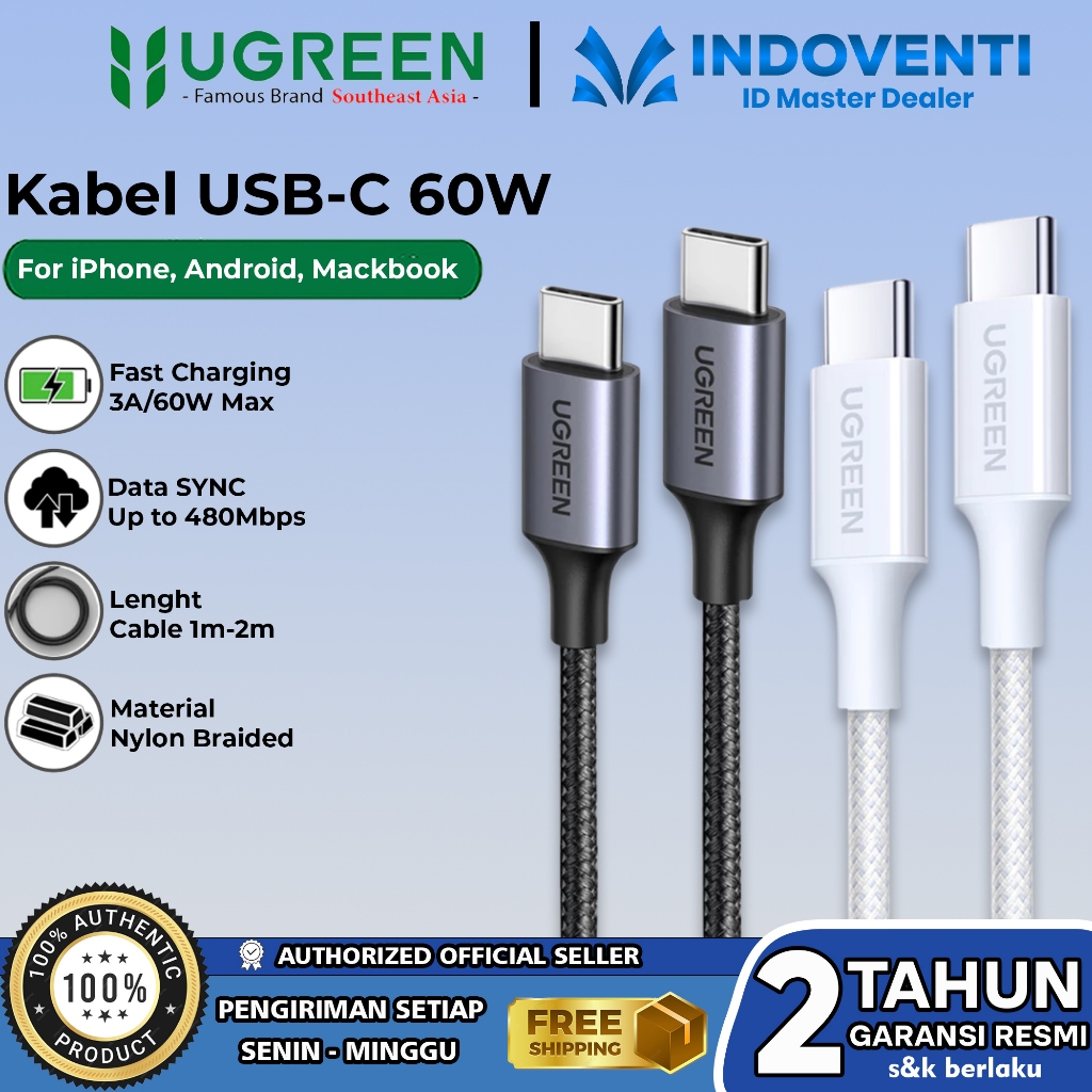 UGREEN สายเคเบิลข้อมูล Type C ถึง Type C 60W 100W PD ชาร์จเร็วสุดสําหรับ iPhone Samsung Macbook 7042