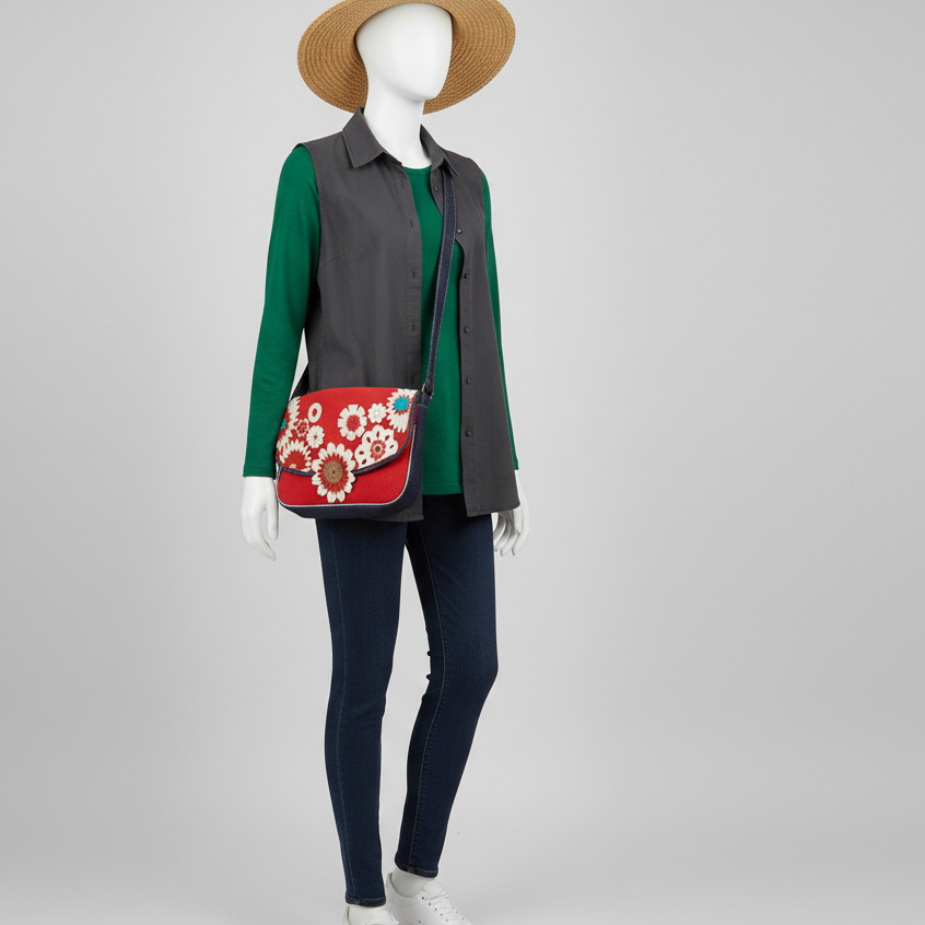 กระเป๋าสะพายข้างใบเล็ก lahla china town สีแดง