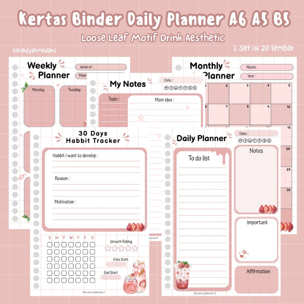 Daily Planner Binder Paper A6 A5 B5 Loose Leaf Drink Pink Motif Aesthetic