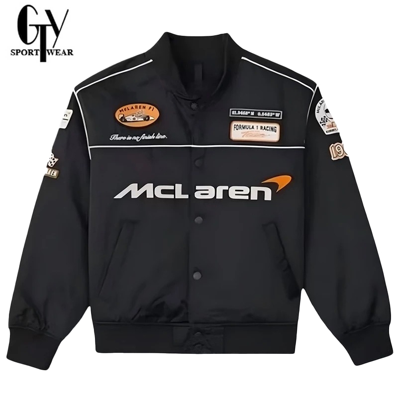 GTY McLaren F1 Retro Racing Jacket เย็บปักถักร้อยเต็มรูปแบบผู้ชาย Varsity Windbreaker รถจักรยานยนต์เ