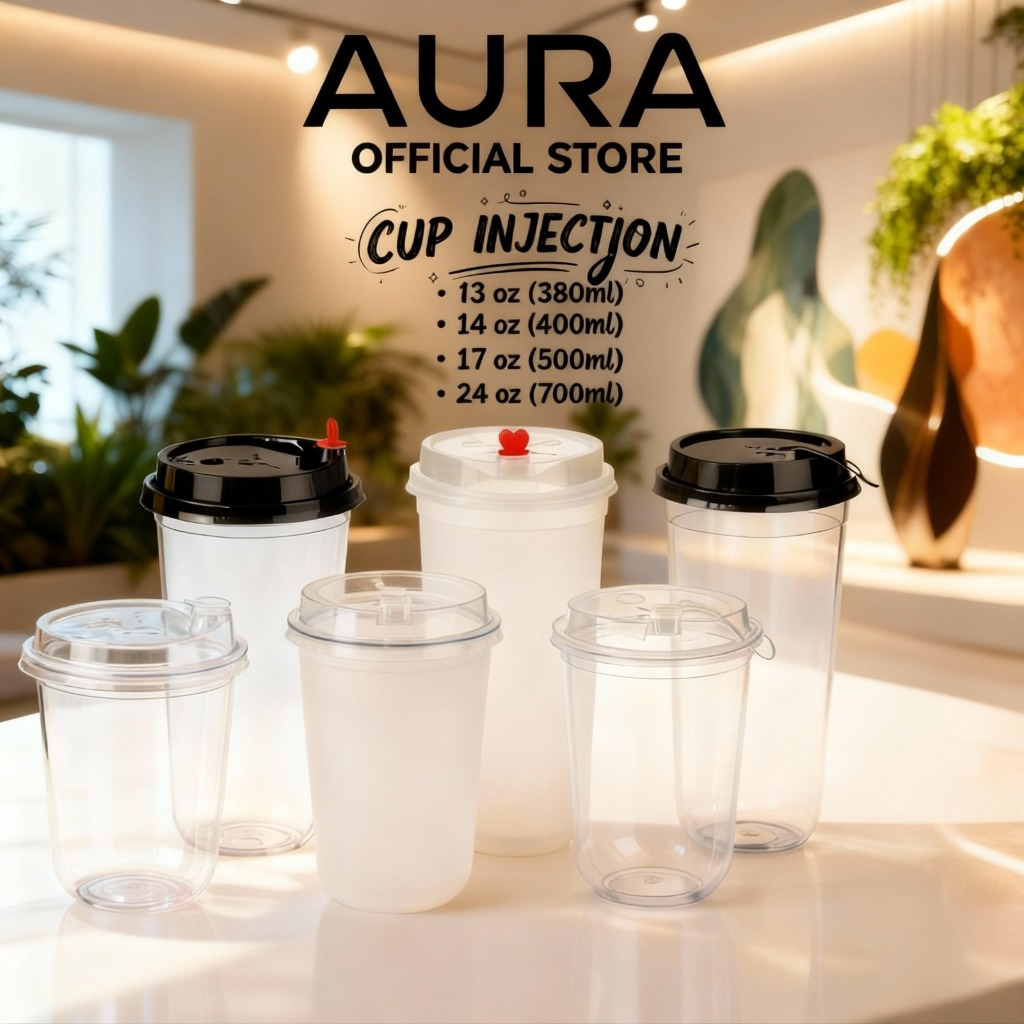 Aura Cup พลาสติกฉีด Hygienic คุณภาพระดับพรีเมียม 13oz/14oz/17oz/24oz Plus Lid