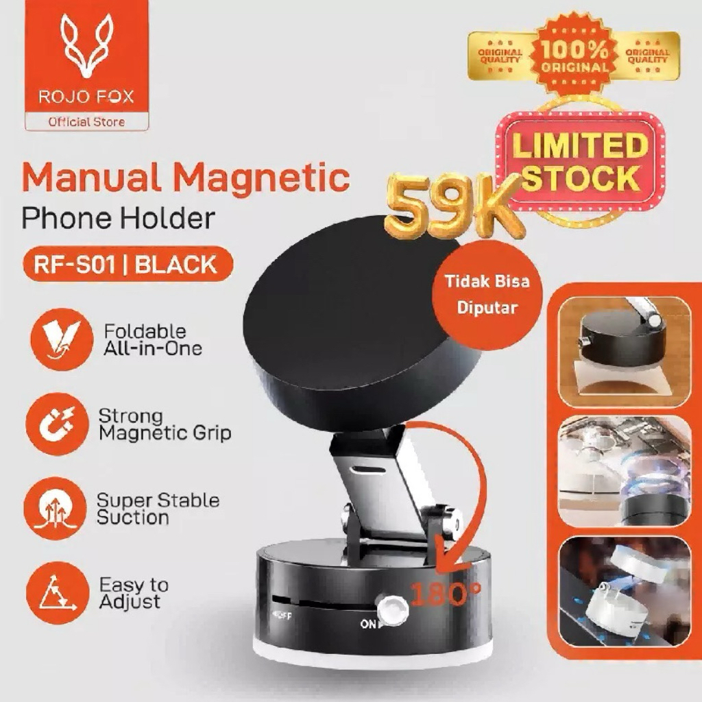 HP ROJO FOX RF-S01 ที่วางโทรศัพท์ในรถยนต์แบบแม่เหล็ก | เคลียร์เนส | พับ&หมุนได้180° | ดูดสูญญากาศที่