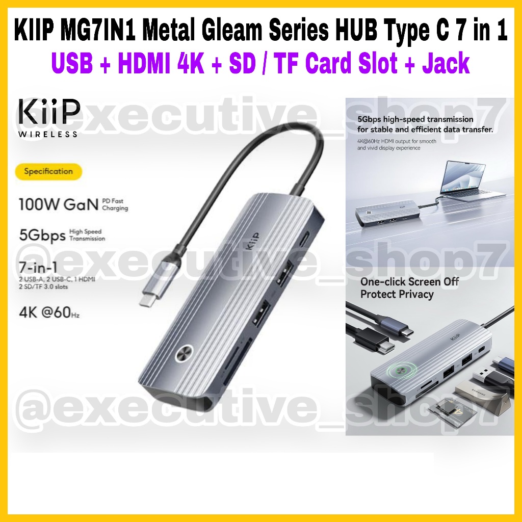 KIIP MG7IN1 Metal Gleam Series HUB Type C 7 in 1 - USB + HDMI 4K + SD / TF Card Slot + Jack