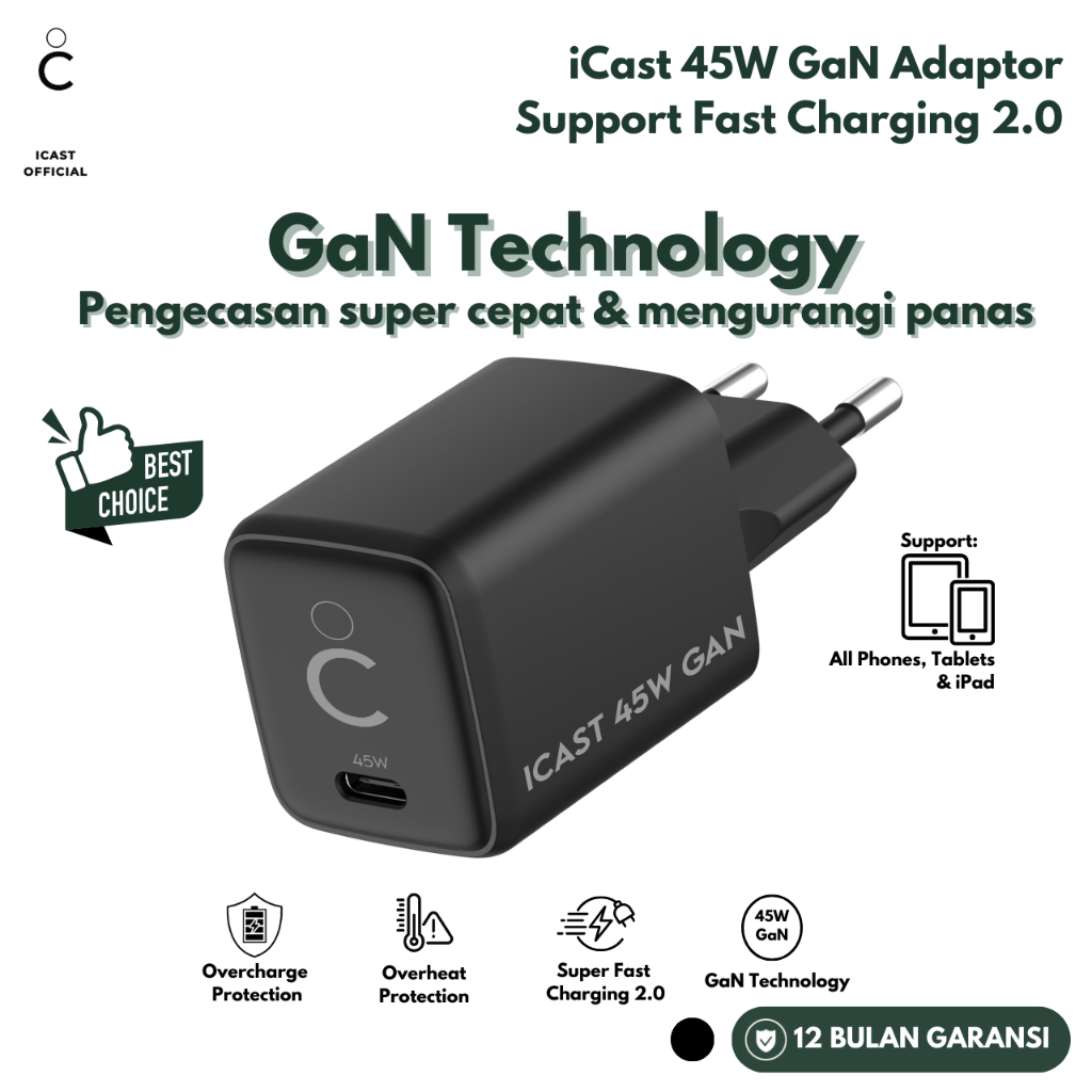 ICast Charger 45W GaN Super Fast Charging 2.0 Adapter หัวชาร์จ 45W GaN
