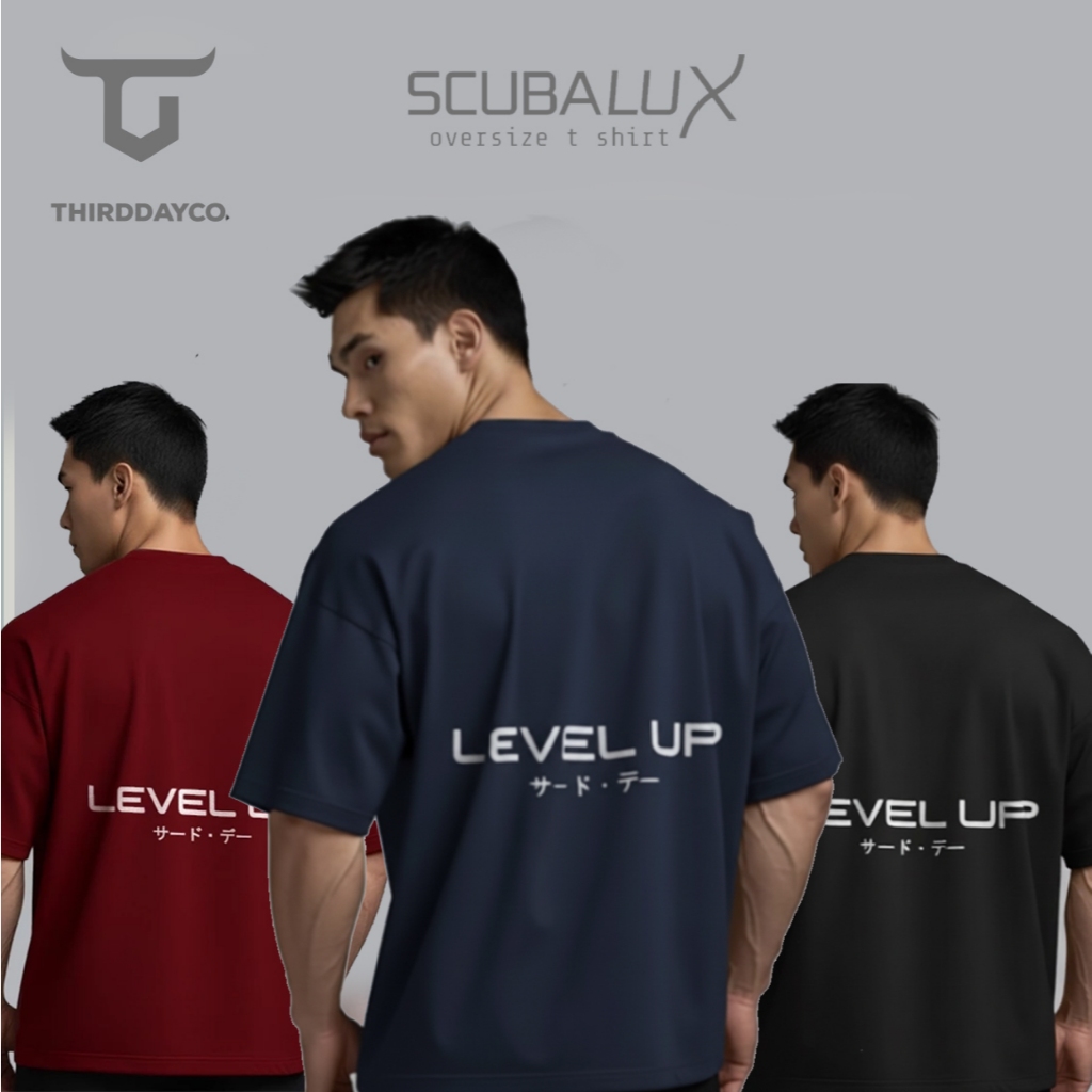 THIRDDAY เสื้อยืดยิมขนาดใหญ่สําหรับผู้ชาย Scuba Lux หนา "Level Up" สีขาว MTV53 สีดํา MTV54 Navy MTV5