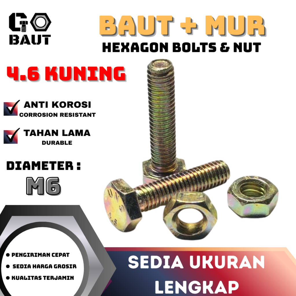 4.6 น็อตสลักเกลียวหกเหลี่ยม / น็อตโบลต์ / น็อตเหล็กหกเหลี่ยม (สีเหลือง) M6