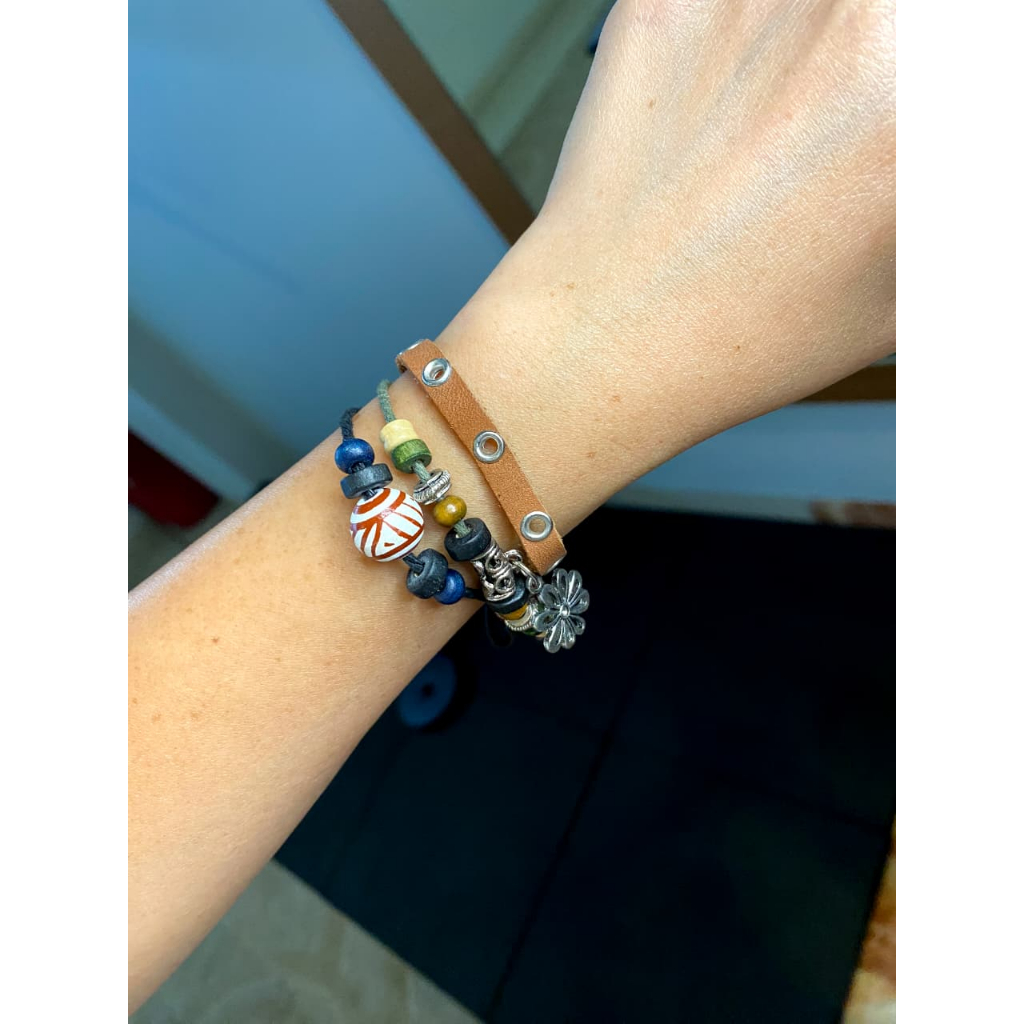 Preloved Boho Leather & Beaded Bracelet – Handmade Vintage Style