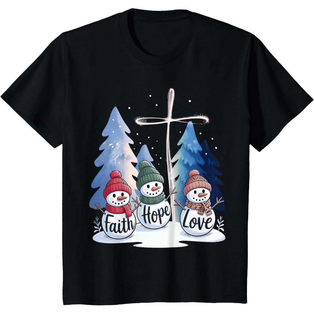 Jesus Faith Hope Love Snowman Merry เสื้อยืดสําหรับเด็ก