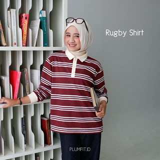 PLUMFIT - Rugby Kaos Oversize Motif Garis Berkerah Cotton 24s