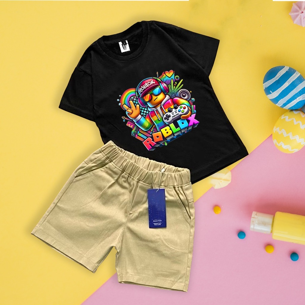 ROBLOX MUSIC เสื้อยืดสีดําและสั้น CHINOS SET 6 MONTHS - 7 ปี