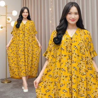 Daster Viral Kekinian Motif Bunga Lime Busui Resleting Depan Adem Kain Rayon