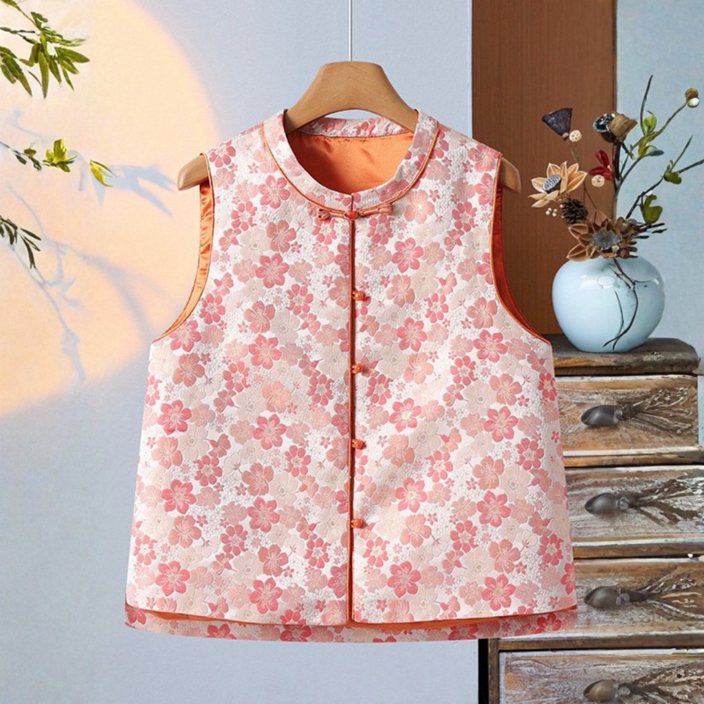 MERAH FEN FEN - เสื้อกั๊ก Qipao สีแดงและสีชมพูลายดอกไม้ (ขนาดทั้งหมด)