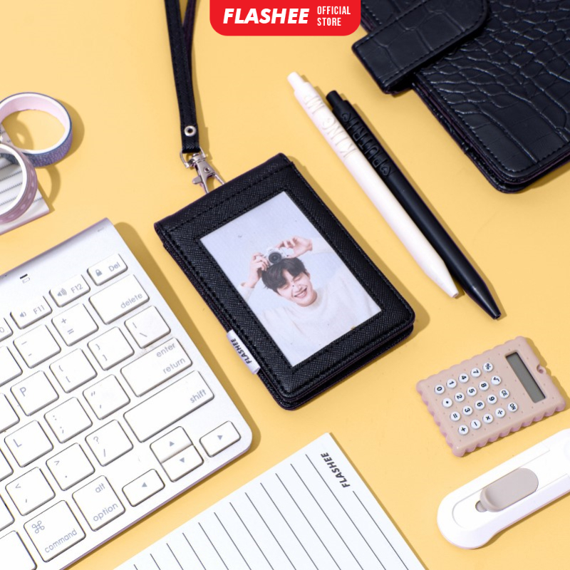 Flashee ID Card Holder Lanyard Harper Synthetic Leather Name Tag Double Sided Reversible Men Women