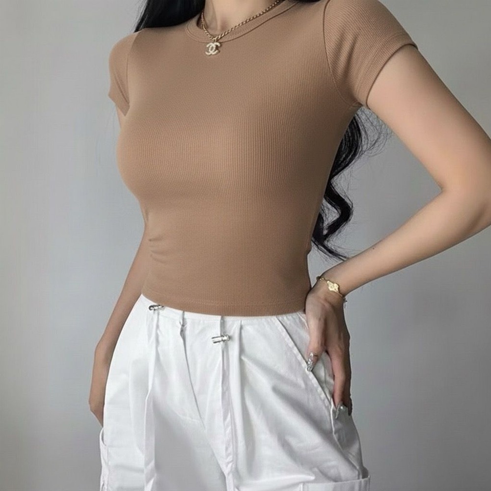 PLATINUM WORLD เสื้อครอปถักธรรมดา O คอ Fit Body - เสื้อเชิ้ตธรรมดาผู้หญิง V7