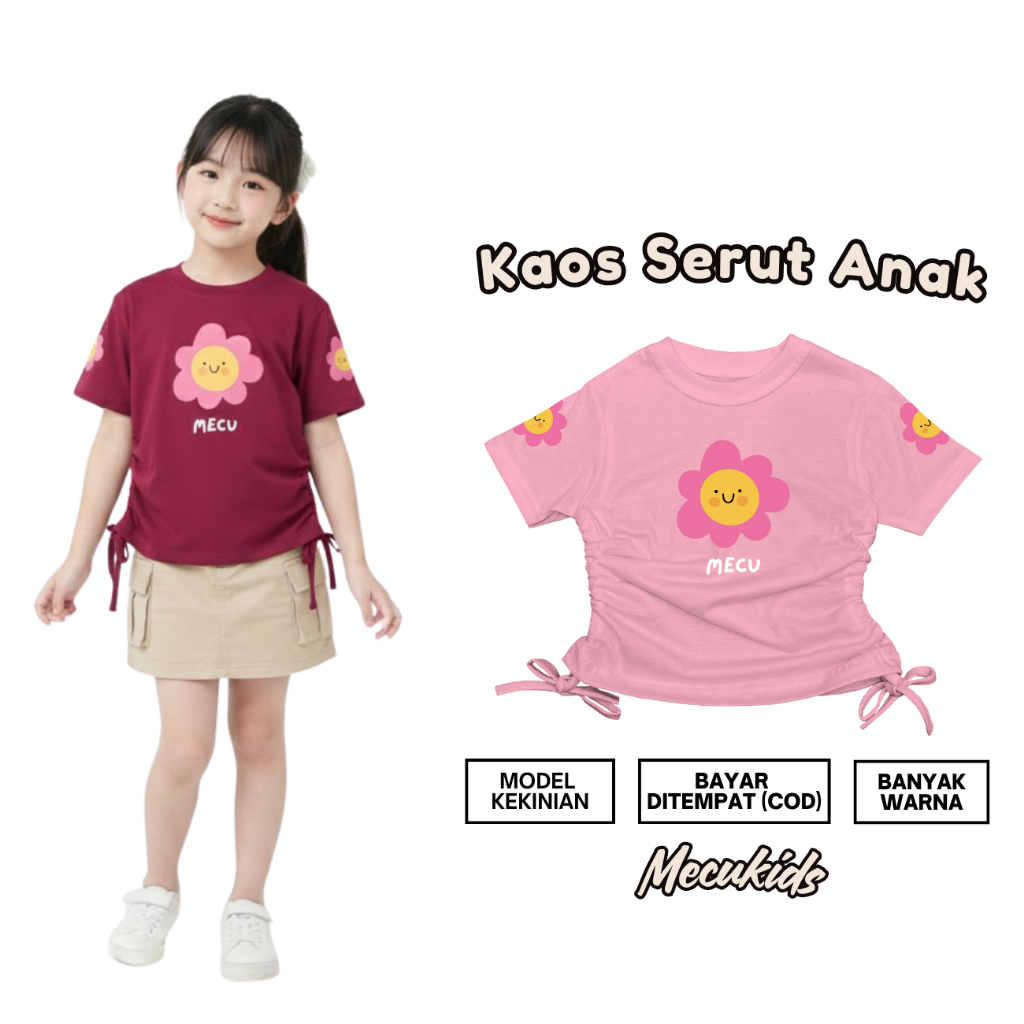 MECUKIDS Crop Drawstring T-Shirt with SMILE FLOWER CHEER Motif - อายุ 4 5 6 7 8 9 10 11 12 ปี