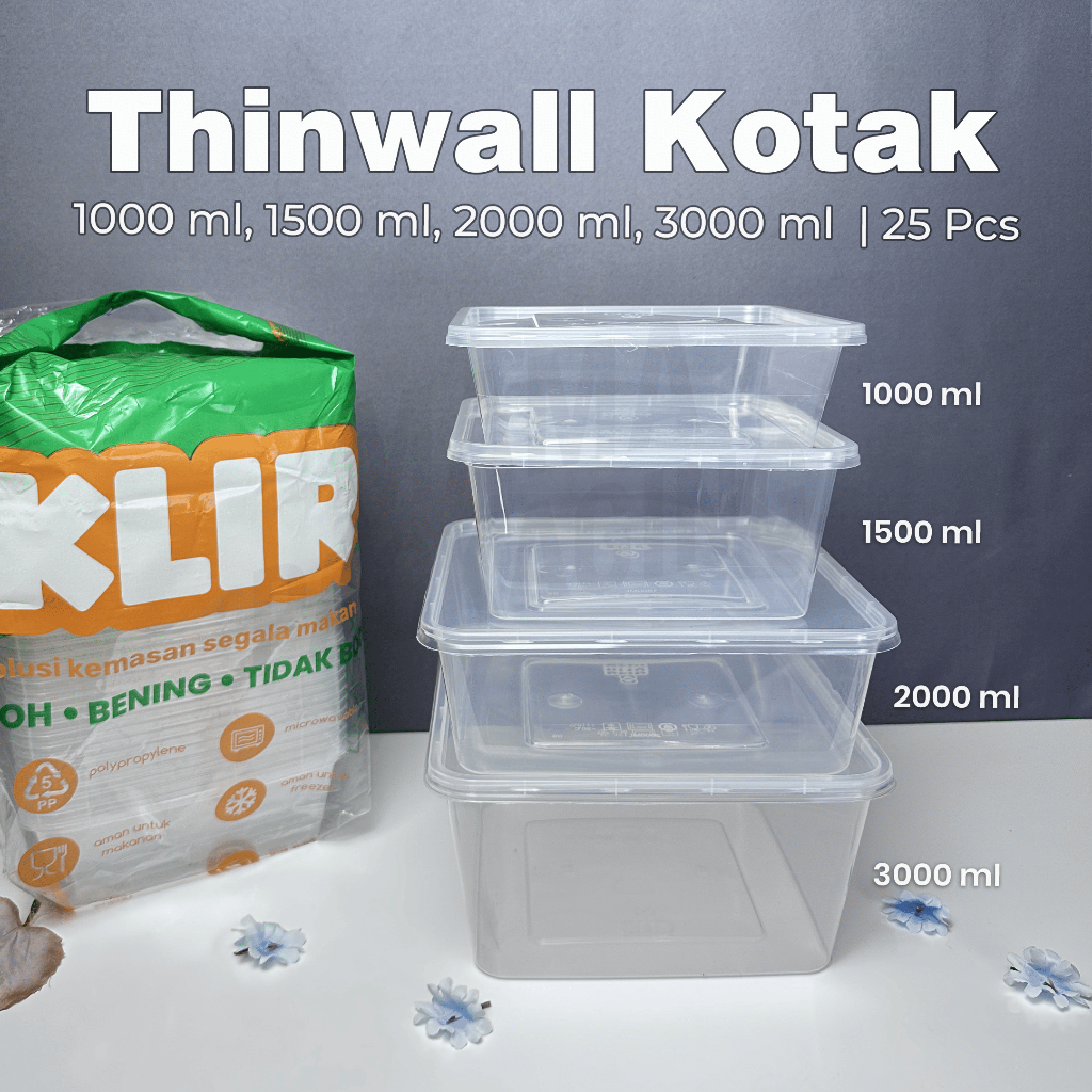 [25PCS] Thinwall KLIR Box 1000 ml 1500 ml 2000 ml 3000 ml / Square / Plastic Lunch Box / SQ
