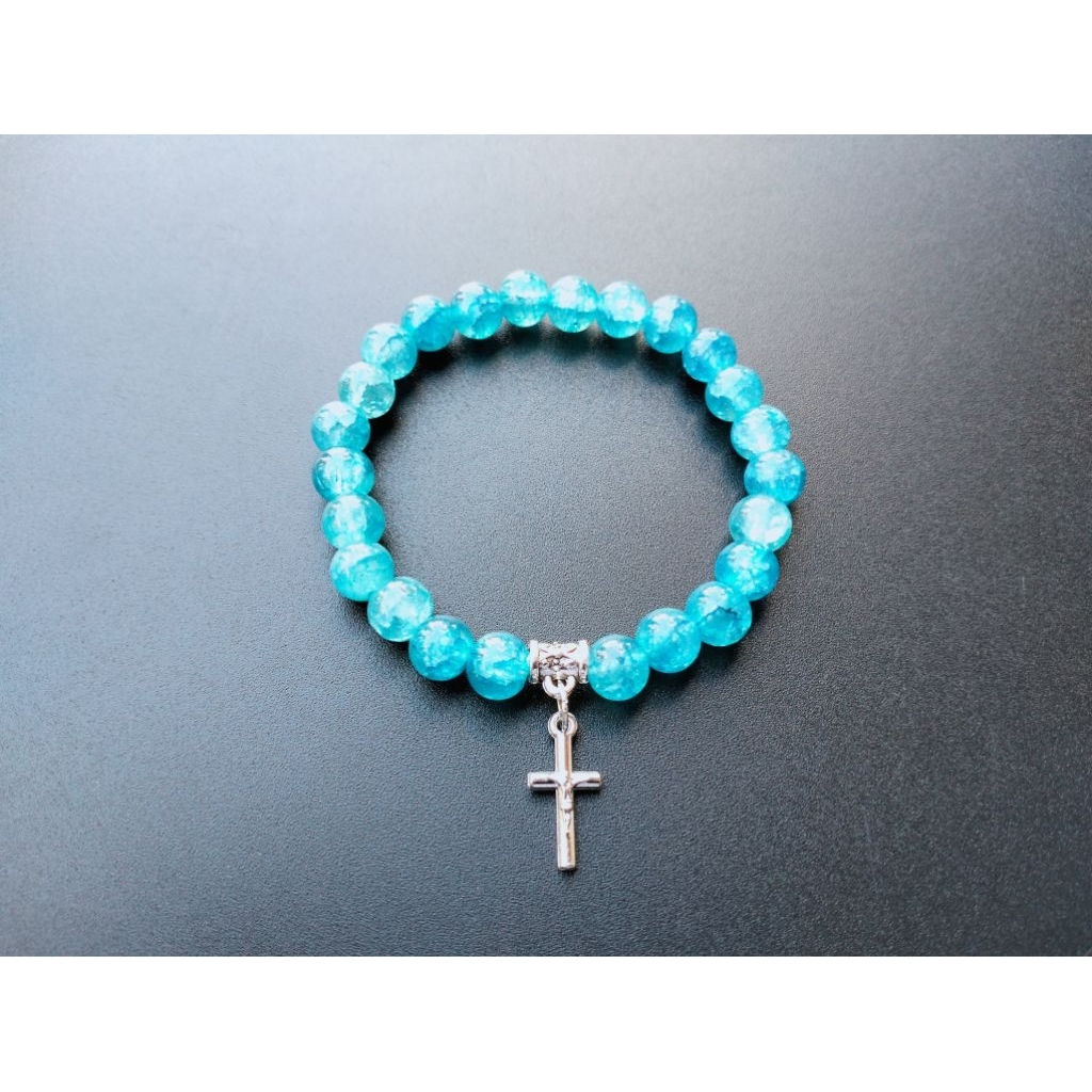G973 HEAVY PEARL CROSS BRACELET CRYSTAL GLASS JADE 8MM CATHOLIC BRACELET