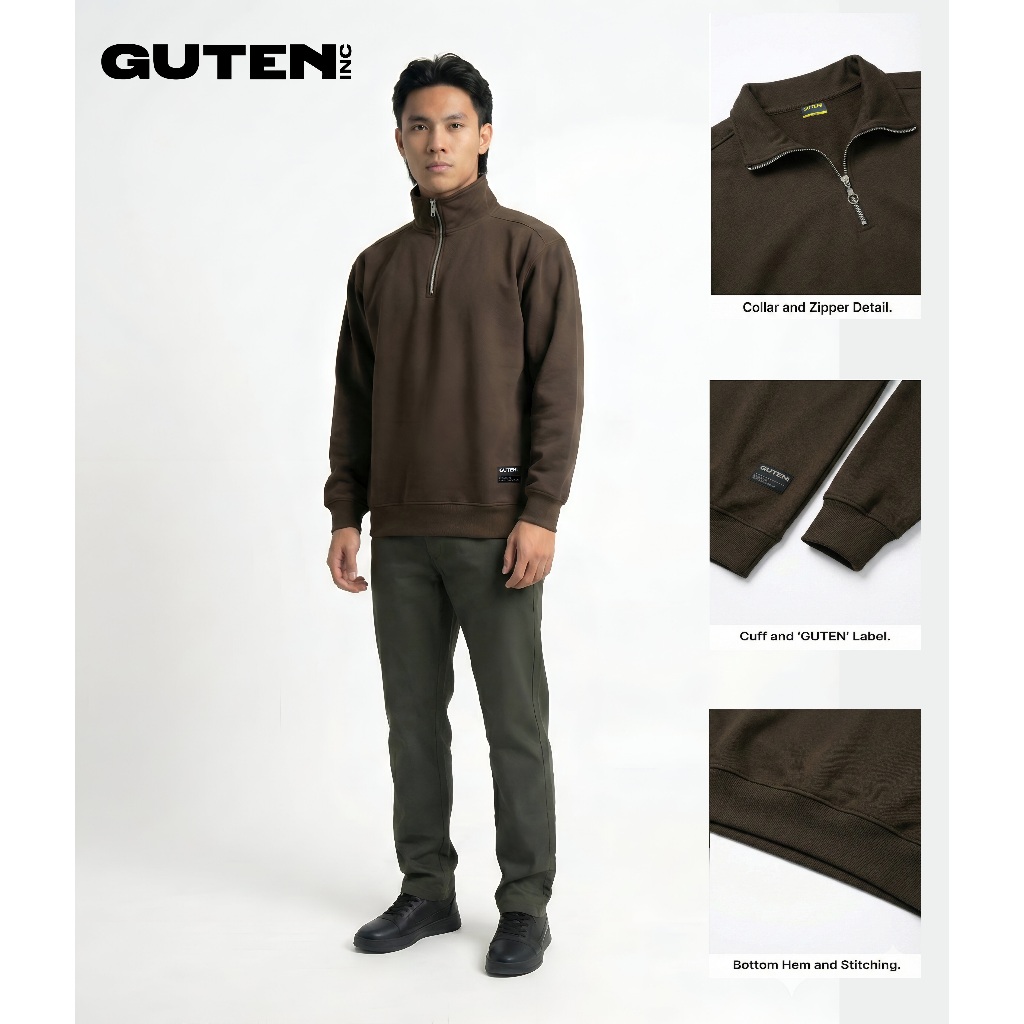 Gutennc Half Zip Rugby Sweater เสื้อแจ็คเก็ตคอกลมผู้ชายสีน้ําตาล