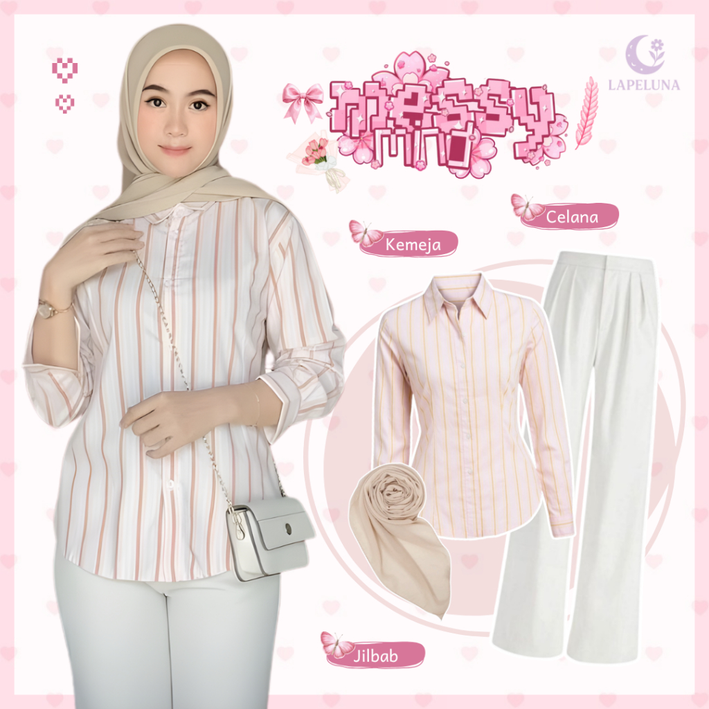 Casual Outfit Salur Fitted (Kemeja Money Pink, Celana Jennie, Jilbab Bella) One Set Wanita Kuliah Ke