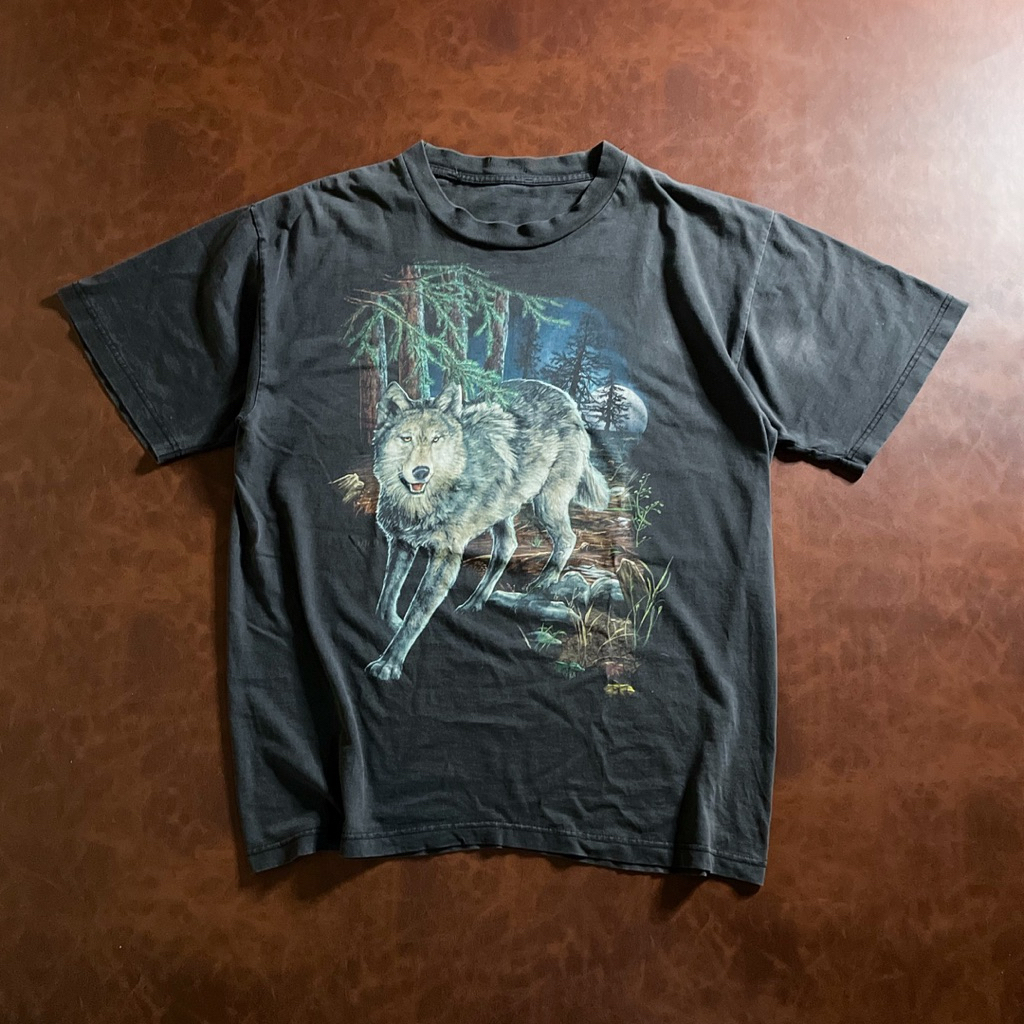 เสื้อยืดวินเทจ Wild Wear เสื้อยืด Wolf Moon - ขนาดใหญ่ 72x58cm