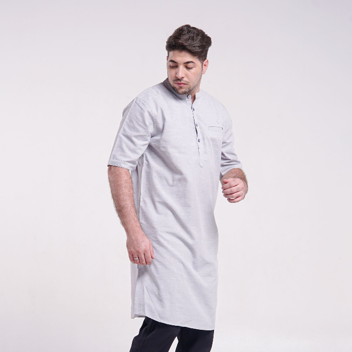 LUQMAN HAKIM - Ammar Light Grey Gamis - พรีเมี่ยมสบายแขนสั้นปากีสถานมุสลิมผู้ชายยาว Kurta Cotton Int