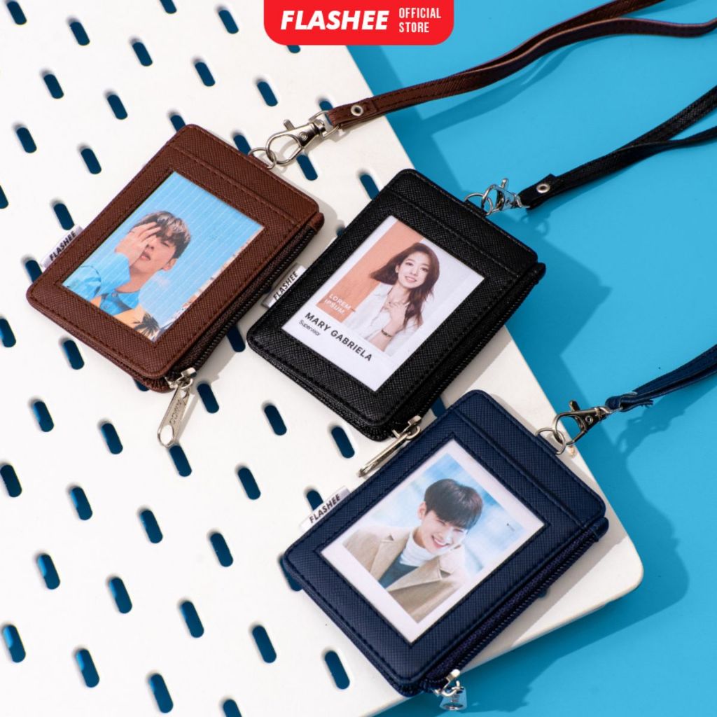 Flashee Lanyard Riley Name Tag Zipper Lanyard ID Card Holder คุณภาพหนัง PU
