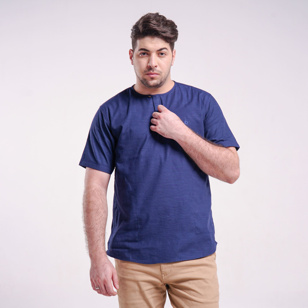 KATUN KEMEJA LUQMAN HAKIM - Kemko Zubair Navy - Sunnah Short Sleeve Muslimic Mens Koko Shirt Oxford 