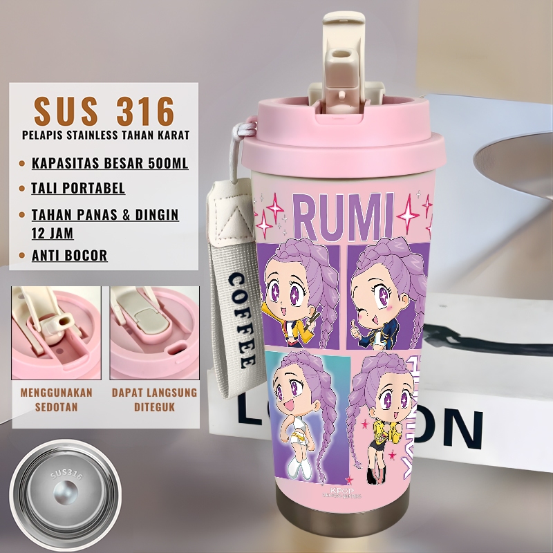 Tumbler Kpop Demon Hunters Rumi 500ml สแตนเลส 316 ขวดดื่มแบบพกพา Stylish & Aesthetic พร้อมฟาง CUPLXSP0112