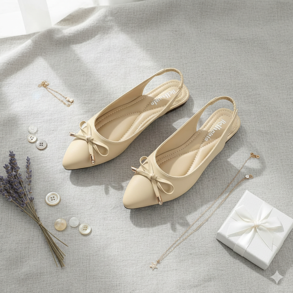 Bellvania รองเท้าส้นแบนผู้หญิง Bamboo Ribbon Pearl Ballet รองเท้าทํางาน Ballet Slingback Shoes