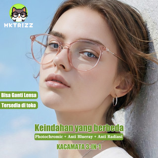 MKTRIZZ Kacamata Wanita Anti Radiasi Photocromic 3 in 1 Bluecromic Minus Frame Bulat Gently Korean Style