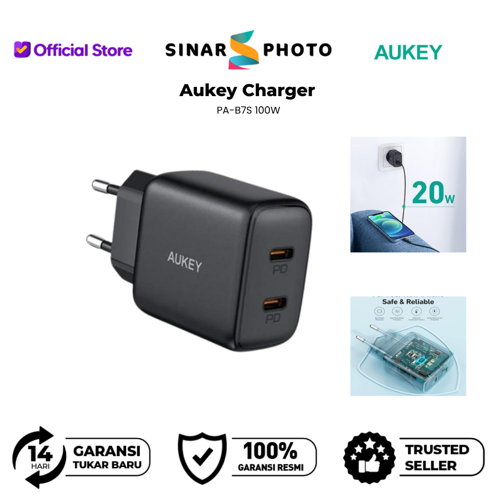AUKEY Charger Dual Port Type C 20W PA-R1S-BK PD 3.0 Fast Charging/ Aukey Charger Head - Official