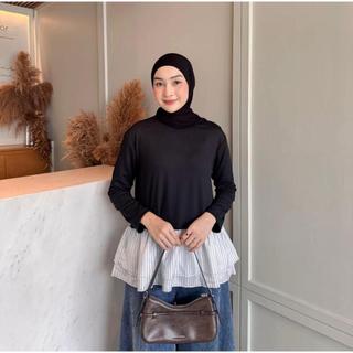 AMANDA Blouse Knit Combi Salur Wanita Ruffle Elegan Adem