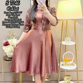 S 7246 #Midi Dress 2in1 Satin Polos + Outer Tile Payet Baju Pesta Wanita 5530 27