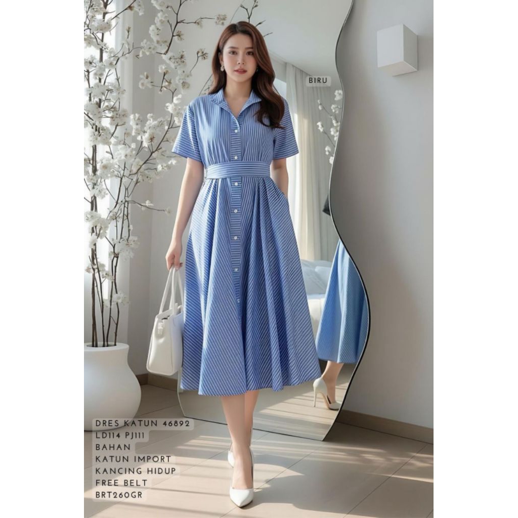 KATUN เดรสผ้าฝ้ายคอปกลายทาง kcl kcg 46892